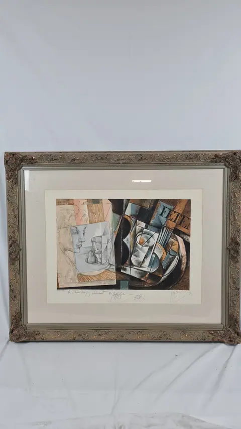 Femme verre et poire composition cubiste