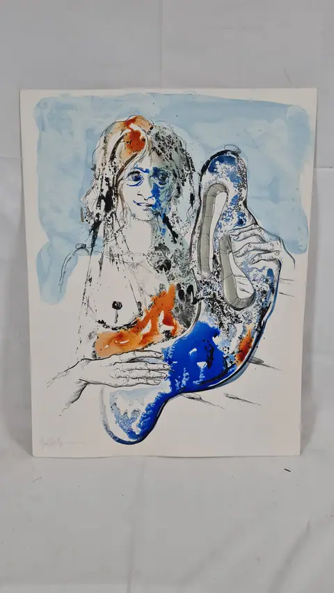 Femme rouge bleu, sein nu